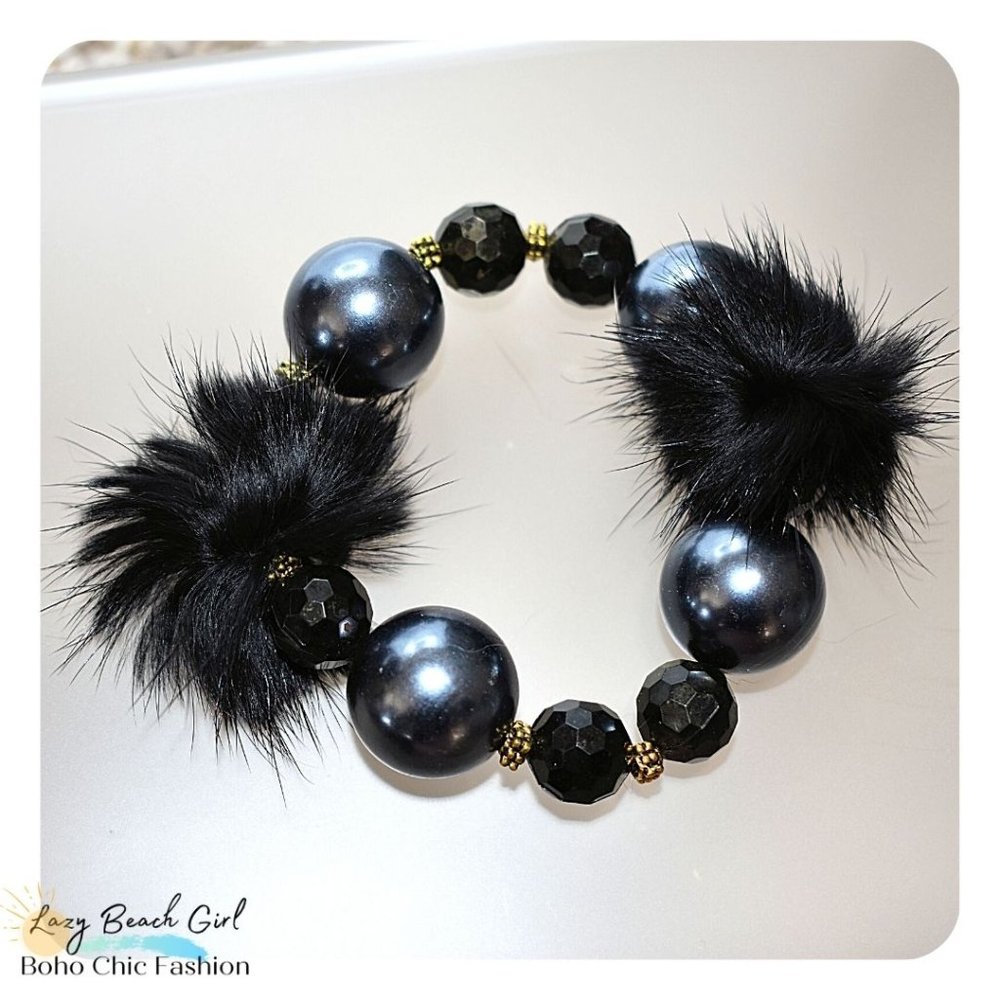 Black Beaded Fur Stretch Bracelet